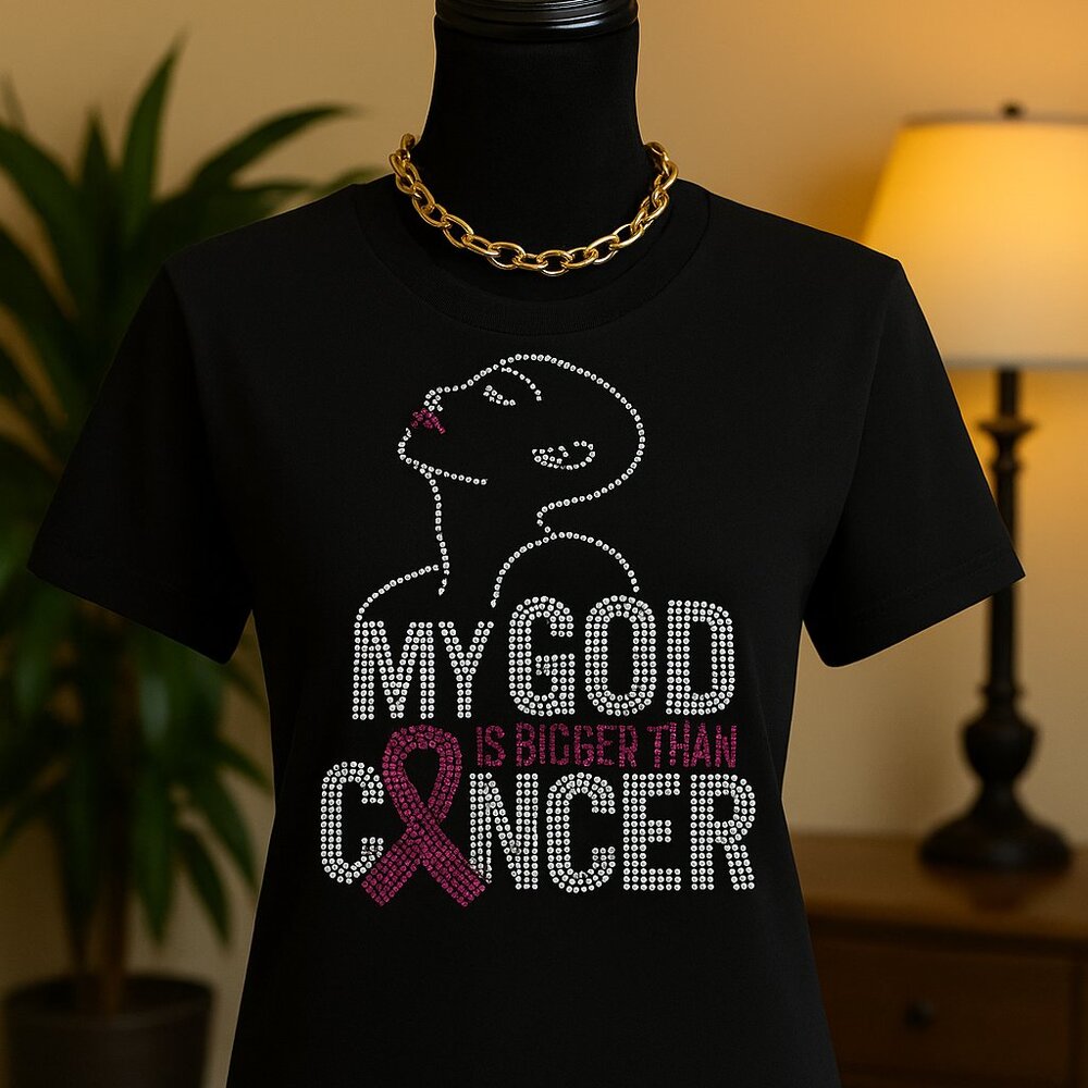 My God is Bigger Than Cancer Rhinestone T-Shirt | Breast Cancer Awareness Bling